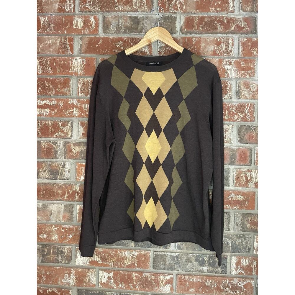 Murano Chocolate Brown Wool Long Sleeve Shirt Mens XL Crew Neck Geometric Prep